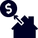 icon illustration of a dollar sign and a house with an arrow pointing to the dollar sign done in black