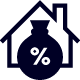 icon illustration of a bag of money with a percent symbol and house done in black