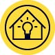 icon illustration of a house with a light bulb inside on a yellow background