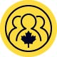 icon illustration of three human outlines with a maple leaf in the centre on a yellow background